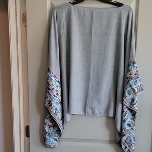 Gray Poncho-style top with Colorful Patterned Sleeves
